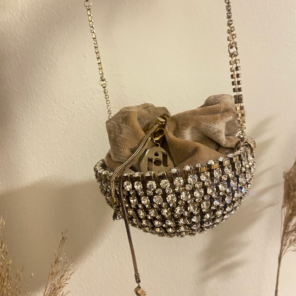 Crystal-Embellished Beige Velvet Drawstring Crossbody Bag